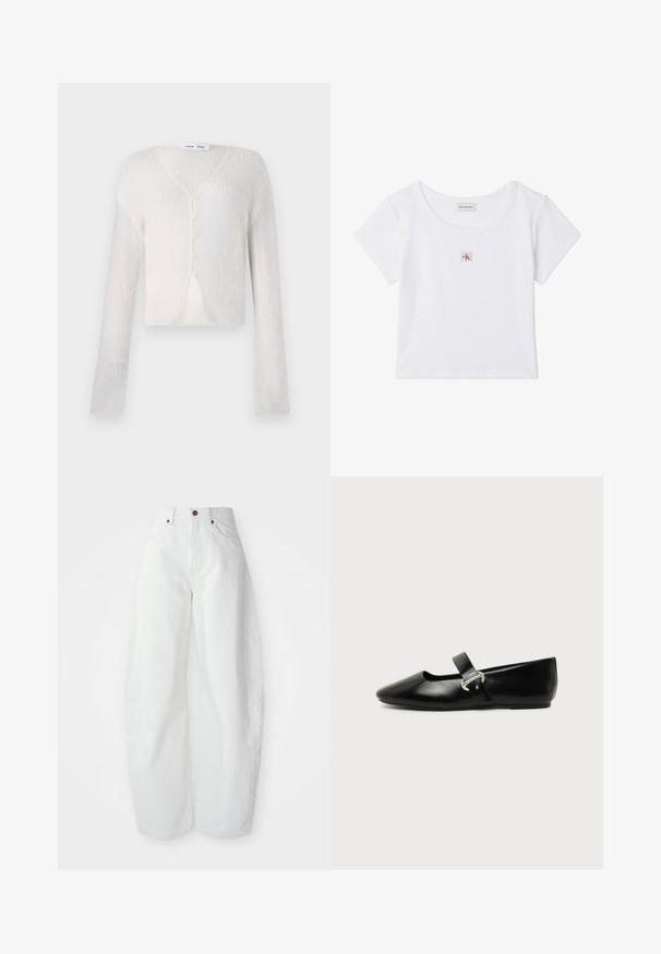 Letvægts cardigan i cremefarve med ribstrik. Har V-hals, lange ærmer og fem knapper ned foran.; Hvid cropped t-shirt med korte ærmer, rund halsudskæring og lille firkantet Calvin Klein Jeans-logo på midten foran.; Højtaljede hvide denimbukser med løs pasform. Har en knaplukning, sidelommer og et minimalistisk design. Glat tekstur.; Sort læder Mary Jane-flad sko med rundet tå og sølvspænde på ensfarvet baggrund.