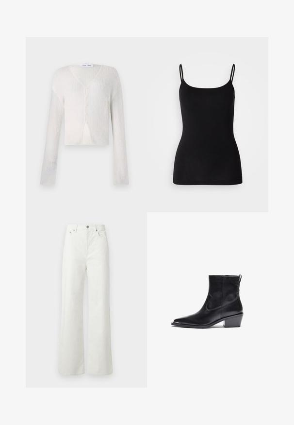 Letvægts cardigan i cremefarve med ribstrik. Har V-hals, lange ærmer og fem knapper ned foran.; Sort camisole-top med tynde justerbare stropper, glat elastisk stof og en tæt silhuet. Ingen mønstre eller pynt.; Samsøe Samsøe SHELLY - Jeans Relaxed Fit - clear cream; Sort læder ankelstøvle med spids tå og lav blokhæl. Funktioner inkluderer en sidelukning med lynlås og minimale syninger for et elegant design.