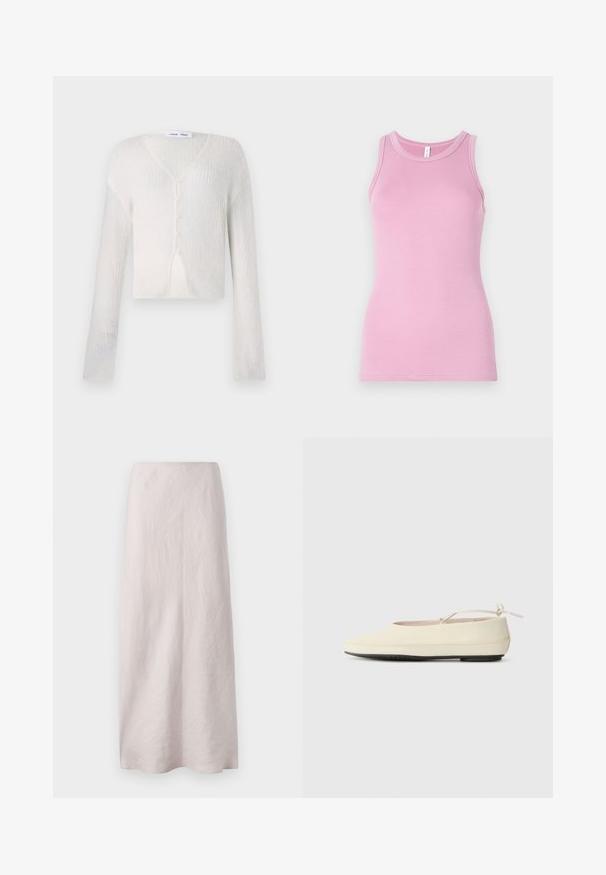 Letvægts cardigan i cremefarve med ribstrik. Har V-hals, lange ærmer og fem knapper ned foran.; Rosa tanktop med en tætsiddende design, der har en rund halsudskæring og ribbet tekstur. Ingen mønstre eller accenter til stede.; Lys pink maxi nederdel i linned med et rent, lige design. Stoffet har en let struktureret overflade og en elastisk talje.; Cremefarvede flade sko med rund tå, ankelrem og kontrasterende sort gummisål. Glat materiale med minimal detaljer.