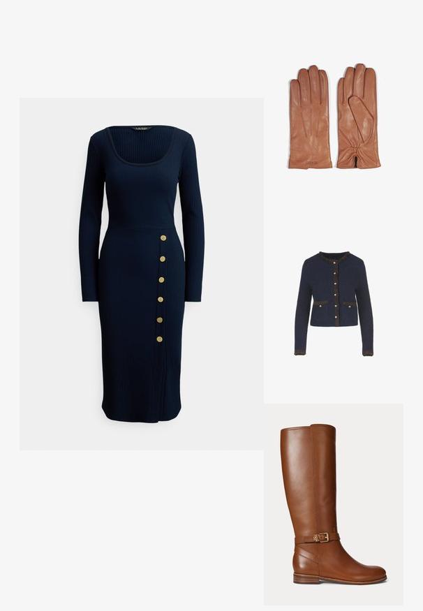 Cárdigan de punto azul marino con mangas largas, que presenta un borde marrón con flecos, botones en tono dorado y dos bolsillos frontales.; Vestido midi azul marino acanalado con escote cuadrado y mangas largas, con detalle de botones laterales con seis botones dorados.; Bota marrón de cuero hasta la rodilla con una pequeña hebilla dorada y el logo "RL" en la correa cerca del tobillo, tacón plano y acabado liso.; Guantes de cuero marrón con cinco dedos, que presentan acentos de costura vertical y una muñeca fruncida para un ajuste ceñido.