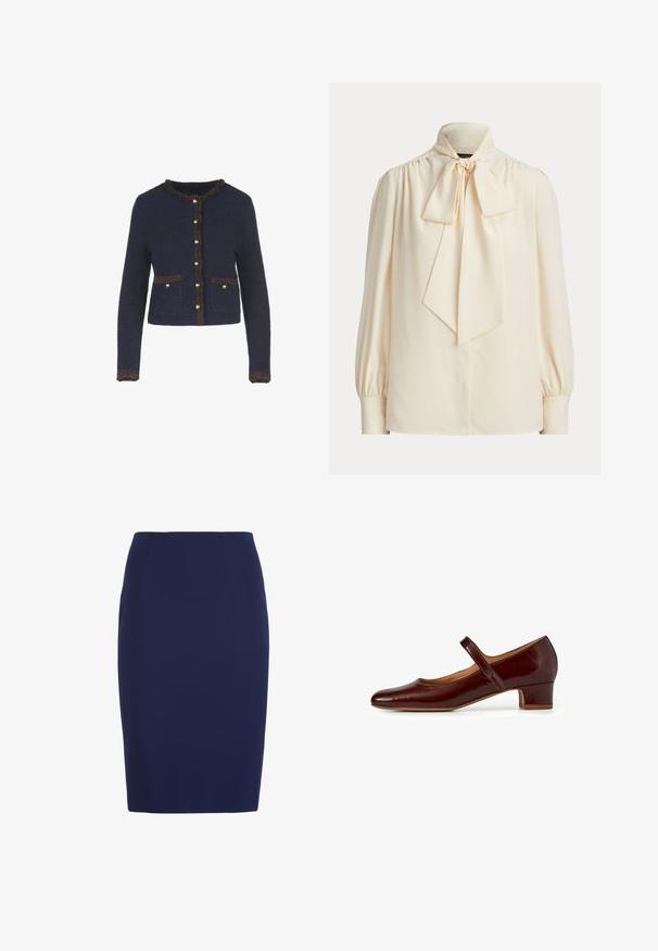 Cárdigan de punto azul marino con mangas largas, que presenta un borde marrón con flecos, botones en tono dorado y dos bolsillos frontales.; Blusa cremosa de manga larga con cuello alto y un gran lazo atado en el cuello, con hombros fruncidos y mangas con puños.; Falda lápiz azul marino hasta la rodilla con cintura ajustada y sutiles detalles de costuras verticales.; Zapatos Mary Jane en cuero charol burdeos profundo, con punta redondeada, un tacón bajo y una banda ajustable en el empeine.