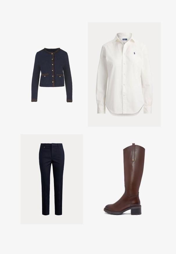 Cárdigan de punto azul marino con mangas largas, que presenta un borde marrón con flecos, botones en tono dorado y dos bolsillos frontales.; Camisa blanca de manga larga con botones, cuello y pequeño logo azul de jugador de polo en el pecho izquierdo.; Pantalones chinos azul marino hechos de una mezcla de algodón con un ajuste cónico, parte delantera plana, bolsillos laterales y un único bolsillo trasero; presentan un pequeño logo dorado.; Bota de cuero marrón hasta la rodilla con puntera cuadrada, superficie texturizada, tacón cuadrado y un acento dorado en el lateral. Acabado suave, diseño elegante.