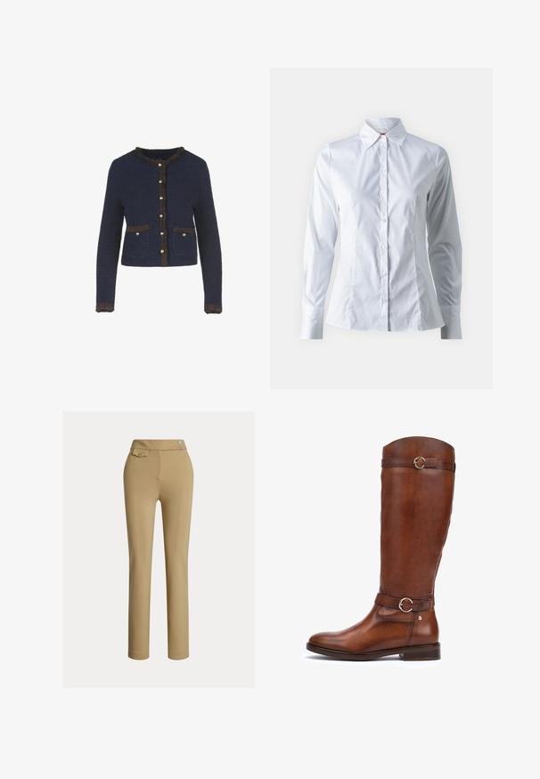 Cárdigan de punto azul marino con mangas largas, que presenta un borde marrón con flecos, botones en tono dorado y dos bolsillos frontales.; Camisa blanca de botones con mangas largas, cuello de punta, diseño ajustado, tela de algodón lisa y cierre frontal con botones.; Pantalones de mujer ajustados en color beige con cintura alta, dos botones en el lado y un pequeño bolsillo con tapeta abotonada cerca de la cintura.; Botas de cuero marrón hasta la rodilla con un acabado suave, puntera redondeada, una correa decorativa con una hebilla circular y un tacón bajo apilado.