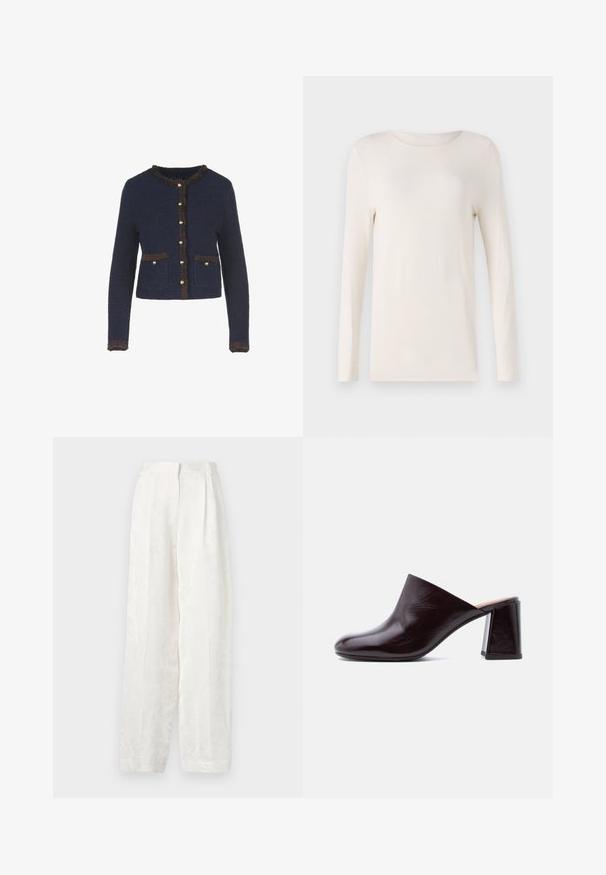 Marineblaues gestricktes Cardigan mit langen Ärmeln, ausgestattet mit einem fransigen braunen Saum, goldfarbenen Knöpfen und zwei vorderen Taschen.; Langärmliges Shirt in Off-White, aus weichem Material, mit rundem Halsausschnitt und einfachem, figurschmeichelndem Design. Glatte Textur, ohne Muster.; Weiße, weite Hosen aus glattem, strukturiertem Stoff mit einem dezenten Blumenmuster und einem gefalteten Vorderdesign.; Dunkelbrauner Ledermule mit geschlossenem Zehenbereich und dickem Blockabsatz, seitlich auf weißem Hintergrund abgebildet.