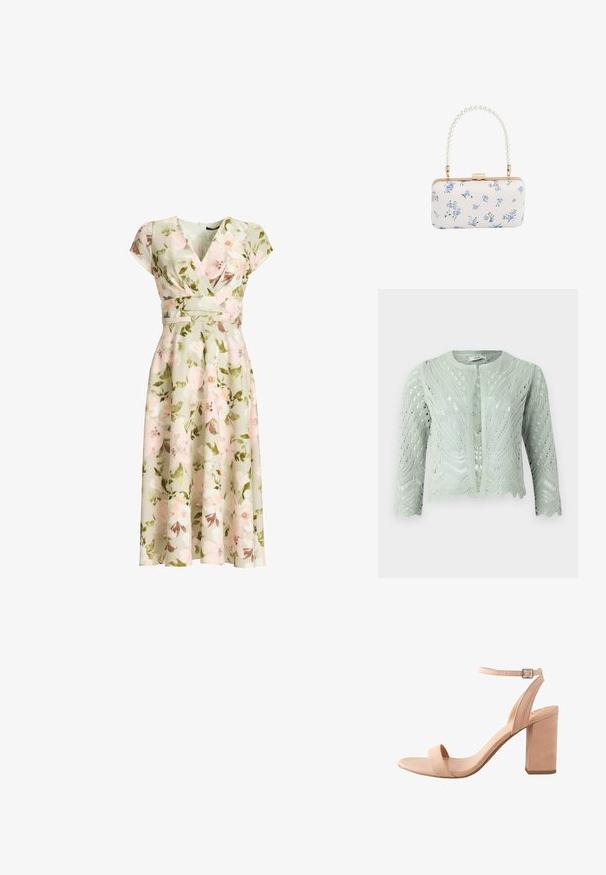 Cárdigan de punto verde claro con patrón de calado, mangas tres cuartos y dobladillo con forma de ondas. Diseñado con un escote redondo y sin cierres.; Vestido cruzado verde con estampado floral, mangas tipo capa, cintura ajustada y falda midi en línea A con flores rosas y blancas y hojas verdes.; Sandalía de tacón de ante rosa claro con una correa en el tobillo, punta abierta y tacón cuadrado. Cuenta con una textura suave y un diseño minimalista.; Clutch rectangular blanca con patrón floral azul y asa con cuentas de perlas, herrajes en tono dorado y cierre con broche.