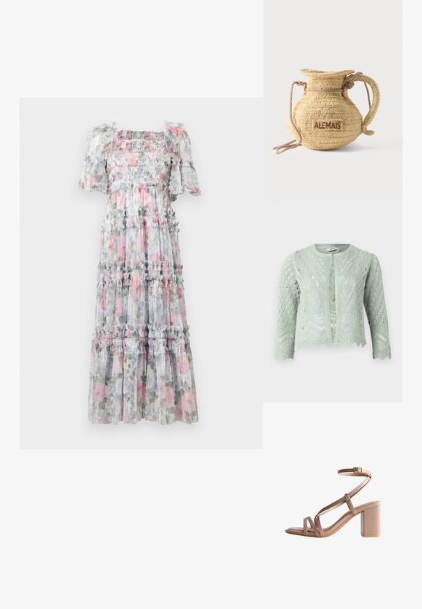 Cárdigan de punto verde claro con patrón de calado, mangas tres cuartos y dobladillo con forma de ondas. Diseñado con un escote redondo y sin cierres.; Vestido largo de gasa floral con corpiño fruncido, mangas con volantes y capas escalonadas. Los colores incluyen tonos suaves de rosa, gris y patrones florales verdes.; Sandal de tacón beige con un chunky block heel, diseño entrelazado, hebilla en el tobillo y un acabado suave y brillante en el material superior.; Bolso redondo de paja tejido con asa de cuerda y "ALEMAIS" bordado en un lateral con hilo marrón.