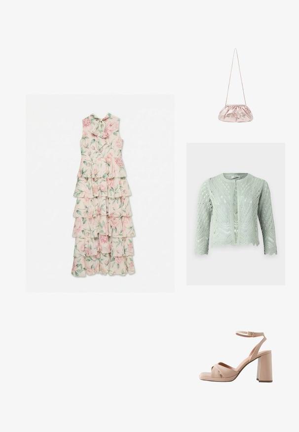 Lys grøn strikket cardigan med hulmønster, trekvartærmer og bølgekant. Designet med rund halsudskæring og uden lukninger.; Ærmeløs, lagdelt maxi-kjole med rosa blomsterprint, grønne blade og sløjfe ved halsen på en lys beige baggrund.; Beige læderhøjhælede sandal med en robust blokhæl, krydsede forremme og en justerbar ankelrem med spænde i guld.; Metallisk lyserød taske med en samlet design, rund form og en enkelt, tynd rem. Teksturen ser glat ud med en subtil glans.
