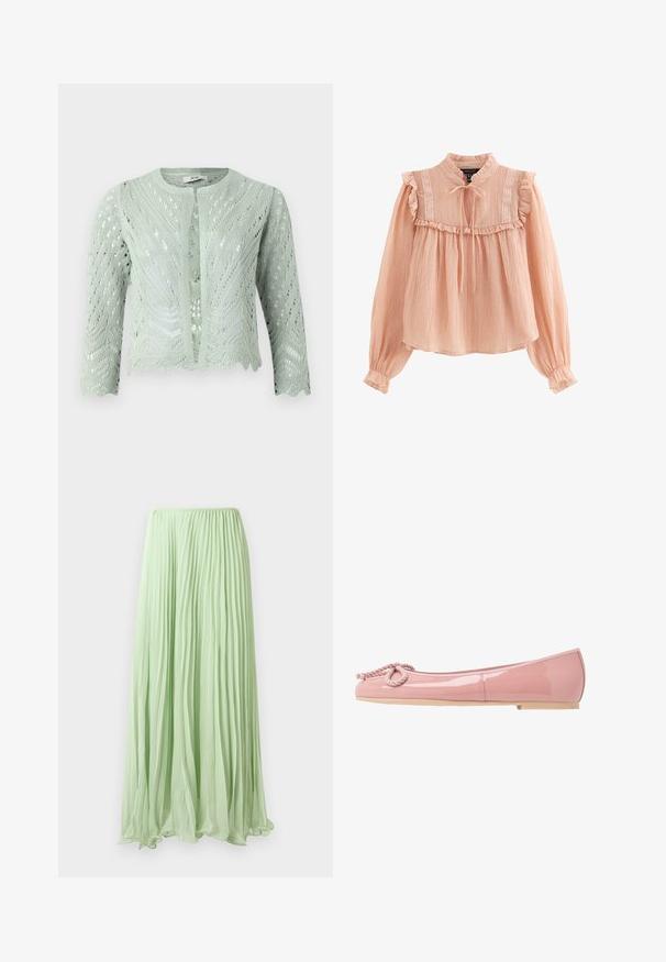 Hellgrüner, gestrickter Cardigan mit Lochmuster, Dreiviertelärmeln und gewelltem Saum. Entworfen mit einem runden Halsausschnitt und ohne Verschlüsse.; Hellrosa langärmlige Bluse mit Rüschen an Schultern und Bündchen, Spitzenbesatz, hohem Kragen und einer Schleifenbindung vorne.; Helles grünes, gefaltetes langes Kleid mit fließendem Stoff und elastischem Taillenbund, vor einem weißen Hintergrund präsentiert.; Pink patentleder Ballerinas mit abgerundeter Spitze, Seil-Details an der Vorderseite und einer beigefarbenen Gummisohle. Glatte, glänzende Oberfläche.