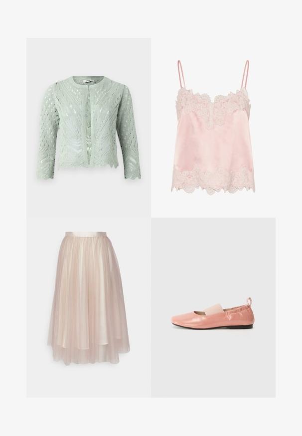 Lys grøn strikket cardigan med hulmønster, trekvartærmer og bølgekant. Designet med rund halsudskæring og uden lukninger.; Lyserød satin camisole med hvid blondekant langs halsudskæring og kant, med tynde justerbare skulderstropper.; Ida Sjöstedt FLAWLESS SKIRT - A-snit nederdel - warm beige; Lyserøde syntetiske flade sko med en skinnende overflade, firkantet tå og et blødt elastikbånd hen over vristen. Sort gummisål og bageste trækflap.