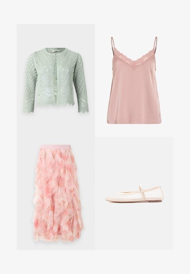 Cárdigan de punto verde claro con patrón de calado, mangas tres cuartos y dobladillo con forma de ondas. Diseñado con un escote redondo y sin cierres.; Camisón de satén rosa pálido con encaje en el escote en V y tirantes finos ajustables, que presenta una textura suave y un corte holgado.; Falda midi de tul en capas rosa con patrón floral y cintura elástica, con texturas suaves y volantes.; Bailarinas con una parte superior de malla beige translúcida y una correa de satén, con punta redondeada y suela baja de color marrón. Diseño ligero y flexible.