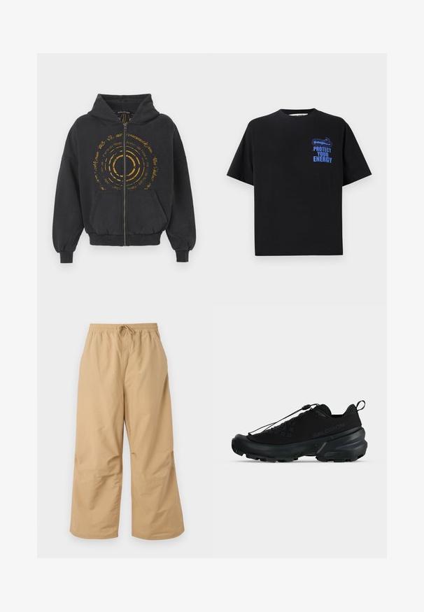 Schwarze Zip-Hoodie aus weichem Material mit einem goldenen, runden Grafikdesign und Text auf der Vorderseite. Mit Kordelzugkapuze und Kängurutaschen ausgestattet.; Schwarzes Baumwoll-T-Shirt mit kurzen Ärmeln, mit blauem Text "BESCHÜTZE DEINE ENERGIE" und einem grafischen Design auf der oberen linken Seite.; Beige weite Hosen aus leichtem Stoff, mit einem elastischen Bund und einer Kordel sowie genähten Akzenten in der Nähe des Saums.; Schwarzer, niedriger Salomon-Sneaker mit robuster Sohle, Schnellzug-Schnürsystem und dezentem Markenlogo an der Seite.