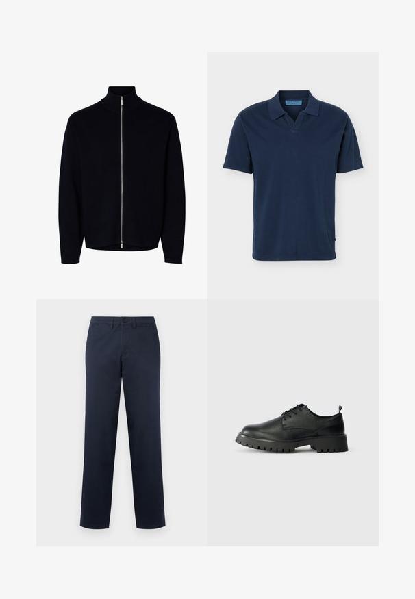 Sort langærmet lynlåstrøje med høj krave, sølvlynlås, der går fra hals til kant, enkel design, ingen synlige logoer eller mønstre.; Mørkeblå kortærmet poloshirt med krave og V-formet knapstolpe, vist fladt mod en ensartet hvid baggrund.; Mænds marineblå bukser med lige ben, bæltestropper, knap foran og sidelommer, vist på en ensartet lys baggrund.; Sorte læder snøresko med rund tå, tekstureret overflade og kraftig gummisål med dybe riller for bedre greb.
