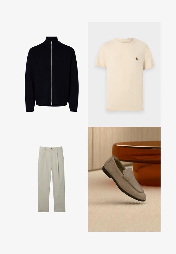 Schwarzer Langarm-Reißverschluss-Pullover mit hohem Kragen, silbernem Reißverschluss vom Hals bis zum Saum, schlichtes Design, keine sichtbaren Logos oder Muster.; Beige T-Shirt mit kurzen Ärmeln und Rundhalsausschnitt, mit kleinem, braunem, besticktem Elch-Logo auf der linken Brust.; Hellbeige maßgeschneiderte Hose mit vorderen Falten, Seitentaschen, Gürtelschlaufen und Knopfverschluss auf weißem Hintergrund.; Hellbrauner Wildleder-Slipper mit schwarzer Sohle, liegend auf beigem Teppich vor einem reflektierenden braunen runden Tisch an einer Holzwand.