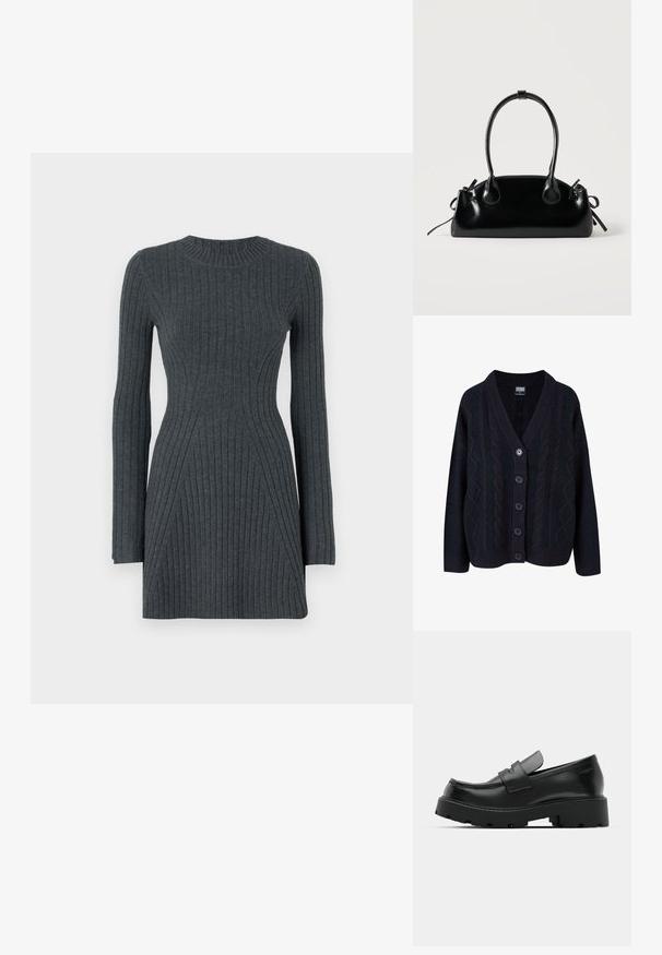 Zwarte kabelgebreide cardigan met een V-hals, knoopsluiting met vijf knopen en geribbelde manchetten. Zachte textuur met een relaxed fit ontwerp.; Donkergrijze geribbelde gebreide jurk met lange mouwen, aansluitende snit, ronde halslijn en diagonale naden die de vorm benadrukken.; Zwarte leren instappers met een chunky, gestructureerde zool, voorzien van een band over de voet en een gladde, gepolijste afwerking.; Kleine zwarte glanzende handtas met twee lange hengsels en zijkant trekkoord details op een effen lichte achtergrond.