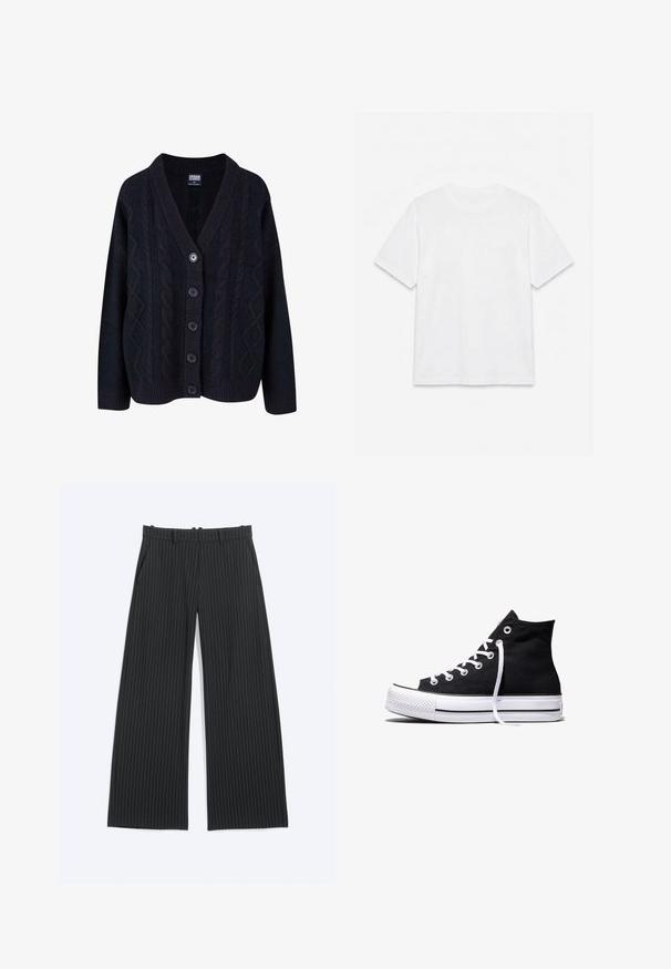 Cardigán negro de punto de cable con escote en forma de V, cierre frontal con cinco botones y puños acanalados. Textura suave con un diseño de corte relajado.; Camiseta blanca lisa de manga corta con cuello redondo, colocada plana sobre un fondo blanco.; Pantalones anchos negros con finas rayas blancas, trabillas para cinturón, bolsillos delanteros y cierre frontal oculto.; Zapatilla alta de lona negra con suela de goma blanca y cordones blancos, vista de lado sobre un fondo blanco.