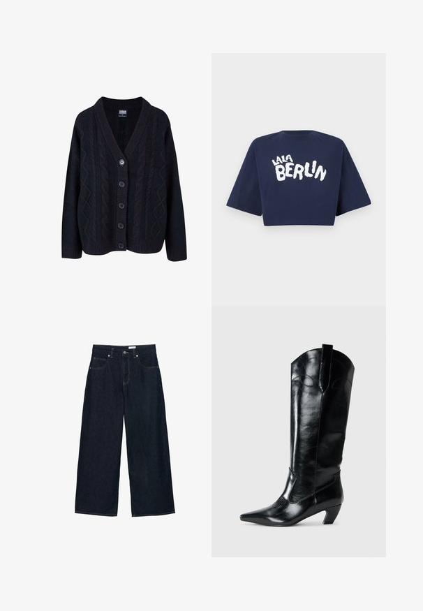 Sort kabelstrikket cardigan med V-hals, knaplukning foran med fem knapper og ribbede manchetter. Blød tekstur med en afslappet pasform.; Marineblå kort T-shirt lavet af bomuld; har hvid tekst med ordene "LALA BERLIN" i en fed, legesyg skrifttype. Korte ærmer og rund halsudskæring.; Bredbenede mørk denimjeans med høj talje, der har fem lommer, kontrastsyninger og lukning med knap foran.; Sorte læderknæhøje støvler med spids tå, lav hæl og dekorative syninger på siderne. Glat, blank overflade.