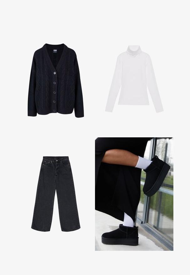 Cardigán negro de punto de cable con escote en forma de V, cierre frontal con cinco botones y puños acanalados. Textura suave con un diseño de corte relajado.; Top blanco de manga larga y cuello alto, confeccionado en una tela suave y elástica. Presenta un diseño ajustado, sin patrones o adornos visibles.; Jeans de pierna ancha en negro, confeccionados en denim, con una cintura alta, remaches de cobre y un acabado limpio en el dobladillo, que ofrecen una silueta relajada.; Botas negras de ante hasta el tobillo con suela plana, con una asa en la parte posterior, luciendo calcetines blancos hasta el tobillo en un fondo minimalista.
