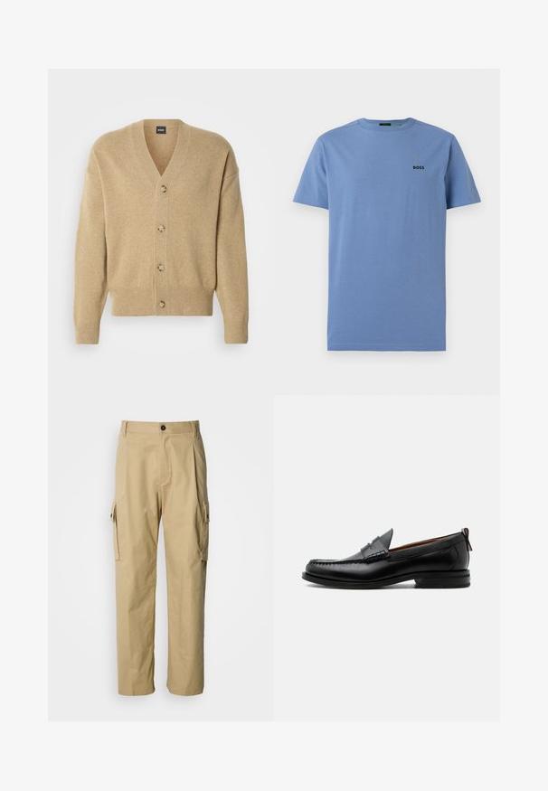 Cardigan en cachemire beige avec col en V, cinq boutons sur le devant, ourlet et poignets côtelés, et coupe décontractée. Texture douce et design léger.; T-shirt en coton bleu à manches courtes avec col rond et petit logo noir "BOSS" sur le haut du côté gauche de la poitrine.; Pantalon cargo beige en tissu résistant, avec une coupe décontractée, des poches latérales et une fermeture par bouton à la taille.; Mocassin homme en cuir noir avec couture moc toe, bride penny, col texturé et petit talon empilé sur fond blanc.