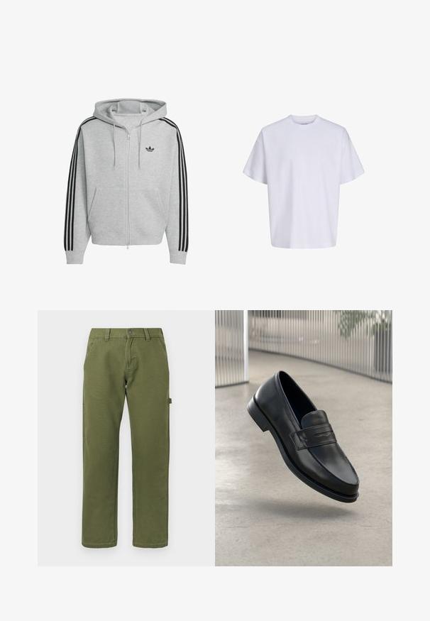 Grå zip-up hoodie med sort tre-stribes design på ærmerne, kængurulommer og snoretræk i hætten. Har et mærket logo på brystet.; Simpel hvid oversized t-shirt med korte ærmer, rund hals og løs pasform mod en hvid baggrund.; Lige snit olivengrønne bukser med forlommer, bæltestropper, knaplukning og en side utility loop på ensfarvet baggrund.; Sort lædersko med glat tekstur, spids tå og en dekorativ rem over vristen. Letvægts sål, minimalistisk design.