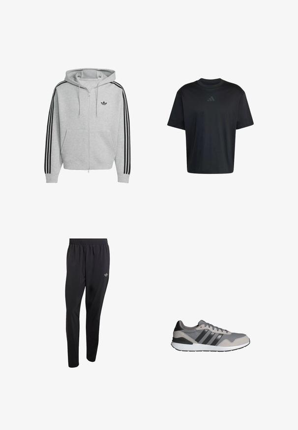 Grijze zip-up hoodie met zwart drie-strepen ontwerp op de mouwen, kangoeroezakken en capuchon met trekkoord. Bevat een merklogo op de borst.; Zwart T-shirt met korte mouwen en een rond halsje met een subtiel donkergrijs Adidas-logo in het midden van de borst.; Zwarte sportbroek gemaakt van lichtgewicht materiaal, voorzien van een elastische tailleband en een klein reliëflogo op het bovenste gedeelte van het linkerbeen.; Grijze en zwarte Adidas sneaker met een bovenwerk van mesh en suède, een witte zool en drie zwarte strepen langs de zijkant.