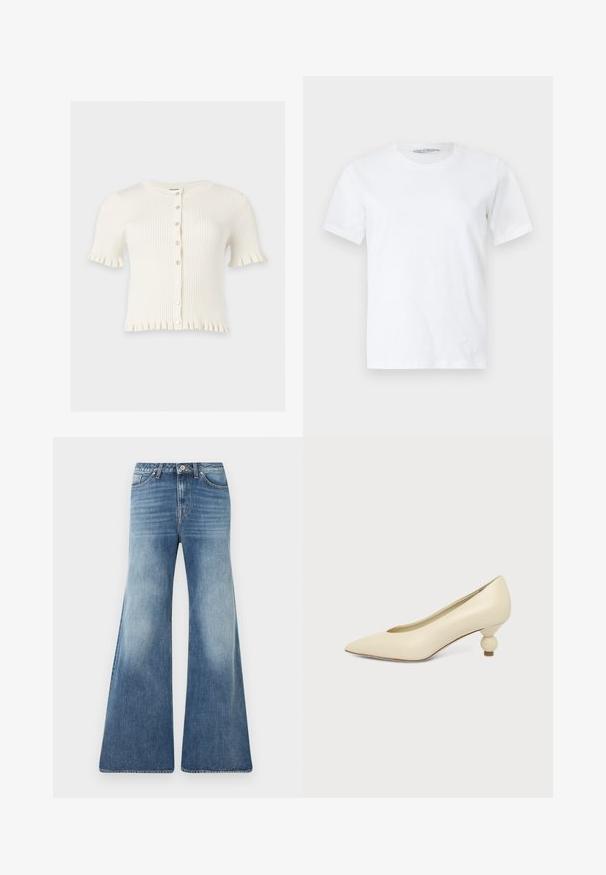 Cardigan blanc côtelé à manches courtes avec encolure ronde, boutonnage devant et bords froncés sur les manches et l’ourlet.; T-shirt blanc uni à manches courtes et col rond, posé à plat sur un fond clair, vue de face avec une petite étiquette de marque visible à l'intérieur du col.; Jean bleu taille haute à jambes larges avec devant délavé, design à cinq poches, passants pour ceinture et fermeture à bouton sur fond blanc.; Chaussure femme couleur crème à bout pointu avec un petit talon rond en forme de boule, sur fond uni.
