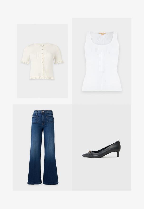 Cardigan blanc côtelé à manches courtes avec encolure ronde, boutonnage devant et bords froncés sur les manches et l’ourlet.; Débardeur blanc en maille côtelée sans manches, doté d'un col en U et d'une silhouette ajustée.; Jean en denim bleu foncé taille haute avec jambes larges et deux grandes poches plaquées à l'avant sur fond uni.; Escarpin noir en cuir à bout pointu avec un petit talon, doté d'une sangle texturée et d'un accent métallique à l'avant. Surface lisse et design épuré.