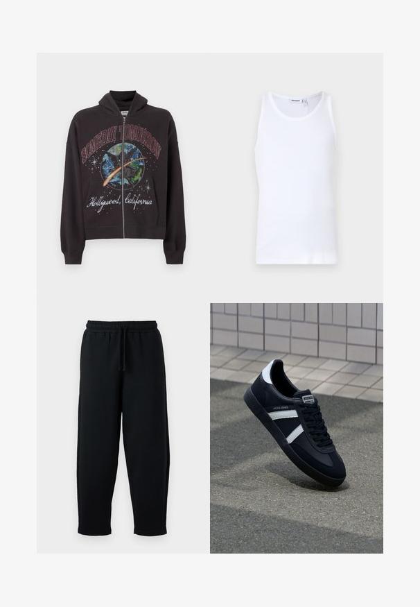 Sort zip-up hoodie lavet af bomuld, med et grafisk design med teksten "SOMEDAY TOMORROW" og "Hollywood, California" på forsiden.; Hvid bomulds tanktop med rund hals og brede stropper. Glat tekstur, ingen mønstre, enkelt design og mærkeetiket på halsudskæringen.; Sorte sweatpants med elastisk talje og snøre. Lavet af blødt stof, med en afslappet pasform og tapered ben-design.; Sort lædersneaker med hvide striber, tekstureret gummisål og snørrebånd foran. Har et brandet mærke på tungen.