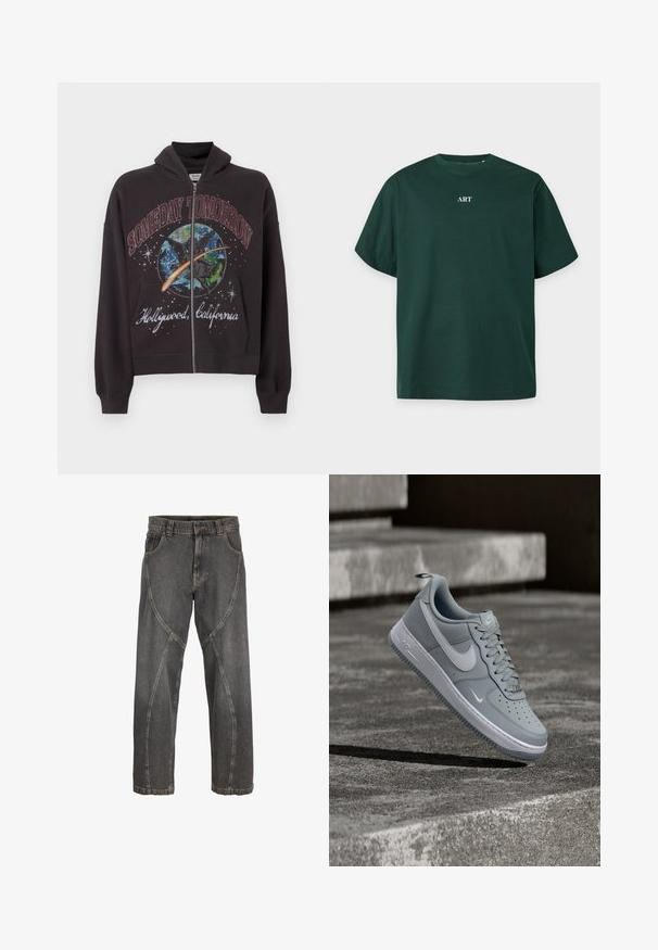 Zwarte zip-up hoodie gemaakt van katoen, met een grafisch ontwerp en de tekst "SOMEDAY TOMORROW" en "Hollywood, California" op de voorkant.; Donkergroene T-shirt met korte mouwen en een ronde hals met het woord "ART" gedrukt in kleine witte letters in het midden van de borst.; Zwart gewassen jeans met unieke gebogen naaddetails aan de voorkant en een standaard ontwerp met vijf zakken.; Grijze Nike Air Force 1 sneaker met wit swoosh-logo, zwevend boven een getextureerd betonnen oppervlak met trappen op de achtergrond.