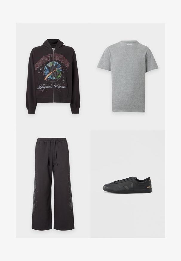Sort zip-up hoodie lavet af bomuld, med et grafisk design med teksten "SOMEDAY TOMORROW" og "Hollywood, California" på forsiden.; Simpel grå kortærmet t-shirt med rund hals og et lille hvidt "ONLY & SONS" mærke indeni kraven.; Sorte, bredbenede sweatpants med elastisk talje, med en flammendesign på siden i grå, prydet med små rhinsten.; Sorte sneakers i læder med tekstureret overflade, rund tå, snørelukning og diskret branding på siden og hælen.