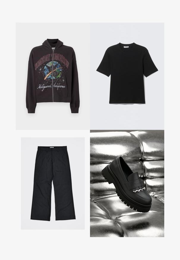 Sort zip-up hoodie lavet af bomuld, med et grafisk design med teksten "SOMEDAY TOMORROW" og "Hollywood, California" på forsiden.; Sort kortærmet T-shirt med rund hals og "WEEKDAY" mærke på indersiden af kraven, vist fladt på en lys baggrund.; Mørkegrå bukser med vid ben, lavet af et struktureret stof, med to forlommer og slidser til bælte. Labelen lyder "United Loneliness."; Sort læderloafer med en tyk, tekstureret sål. Har en dekorativ sølv zigzag-detalje foran. Placeret mod en skinnende sølvbaggrund.