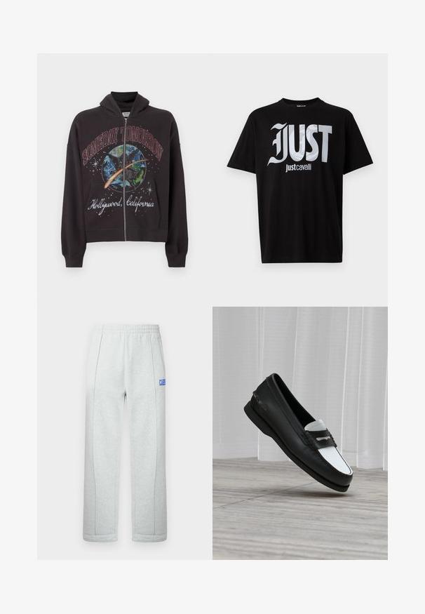 Zwarte zip-up hoodie gemaakt van katoen, met een grafisch ontwerp en de tekst "SOMEDAY TOMORROW" en "Hollywood, California" op de voorkant.; Zwart T-shirt met korte mouwen met grote witte tekst "JUST" en daaronder een kleiner "Just cavalli" logo op de voorkant gedrukt.; Lichtgrijze joggingbroek met een elastische tailleband en verticale naaddetails, met gedeeltelijke blauwe tekst op de rechterdij.; Zwart-witte leren loafer met moc-toenaad en decoratieve band, zwevend boven een lichte houten vloer en doorschijnende gordijnen afgebeeld.