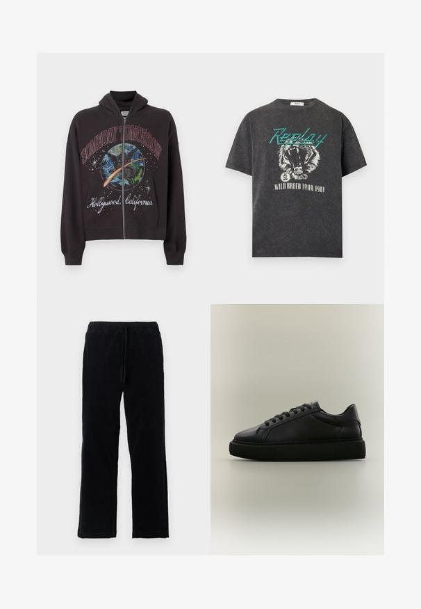 Zwarte zip-up hoodie gemaakt van katoen, met een grafisch ontwerp en de tekst "SOMEDAY TOMORROW" en "Hollywood, California" op de voorkant.; Zwart gewassen T-shirt met turquoise "Replay" tekst, brullende tijger grafiek en witte "Wild Breed Tour 1981" tekst daaronder.; Zwarte corduroybroek met een trekkoord in de taille, rechte pasvorm, zachte textuur en zonder zichtbare zakken of versieringen.; Zwarte lage leren sneaker met dikke rubberen zool en zwarte veters, zijaanzicht op een effen lichte achtergrond.