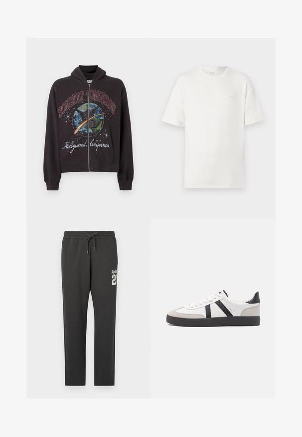 Zwarte zip-up hoodie gemaakt van katoen, met een grafisch ontwerp en de tekst "SOMEDAY TOMORROW" en "Hollywood, California" op de voorkant.; Witte katoenen t-shirt met een relaxte pasvorm, ronde halslijn, korte mouwen en een subtiele logo op de borst. Gladde textuur, minimalistisch ontwerp.; Donkergrijze sweatpants met elastische tailleband en trekkoord, voorzien van witte "Hollister 21" tekst op de bovenste linkerkant van de dij.; Witte sneaker met zwarte en grijze accenten, voorzien van een grijze neus met textuur, zwarte rubberen zool en platte witte veters. Schoon ontwerp, minimalistische stijl.