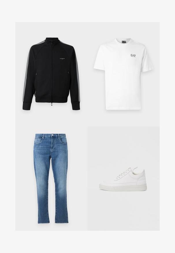 Schwarze Zip-Jacke mit hohem Kragen, grauen Seitenstreifen, zwei Reißverschlusstaschen, strukturiertem Stoff und minimalem Branding auf der Brust.; Weißes Baumwoll-T-Shirt mit Rundhals, kurzen Ärmeln und schwarzem EA7-Logo auf der linken Brust. Glatte, einfarbige Textur.; Blaue Jeans aus Denim mit geradem Bein, Vorderknopf- und Reißverschluss sowie Fünf-Taschen-Design, dargestellt vor einem schlichten hellen Hintergrund.; Weißer Ledersneaker mit abgerundetem Zehenbereich, flacher Sohle und Schnürverschluss. Verfügt über Nahtdetails und einen gepolsterten Kragen für zusätzlichen Komfort.