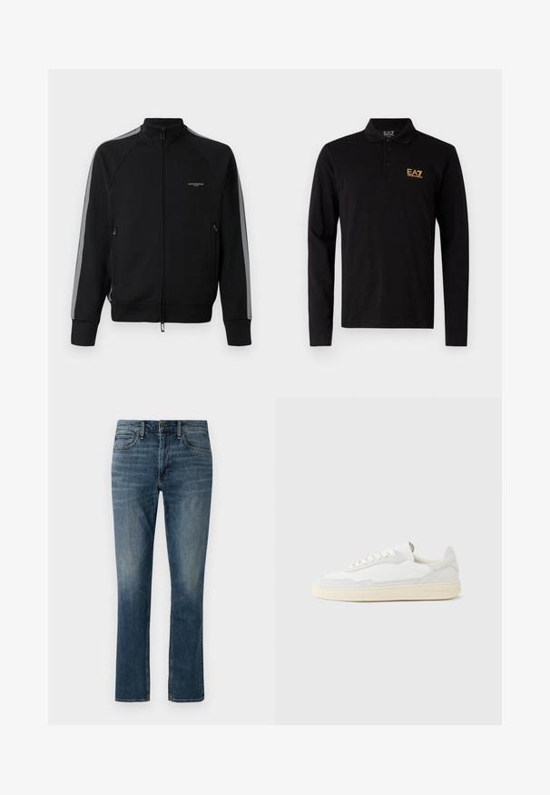 Schwarze Zip-Jacke mit hohem Kragen, grauen Seitenstreifen, zwei Reißverschlusstaschen, strukturiertem Stoff und minimalem Branding auf der Brust.; Schwarzes langärmliges Poloshirt aus Baumwolle, mit einer Knopfleiste mit drei Knöpfen und einem kontrastierenden gelben gestickten Logo auf der Brust.; Dunkelblaue Jeans aus Denim mit geradem Bein. Zu den Merkmalen gehören Fronttaschen, ein Knopfverschluss und dezente Ausblühungen im Oberschenkelbereich.; Weißer Sneaker mit strukturiertem Obermaterial aus Wildleder und Leder. Verfügt über eine runde Zehenpartie, Schnürverschluss und eine kontrastierende beige Gummisohle.