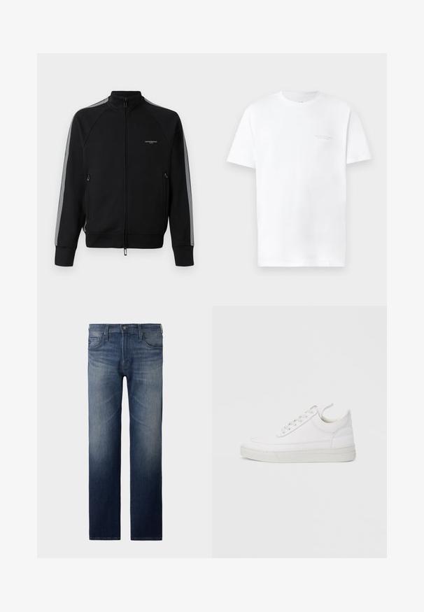 Schwarze Zip-Jacke mit hohem Kragen, grauen Seitenstreifen, zwei Reißverschlusstaschen, strukturiertem Stoff und minimalem Branding auf der Brust.; Weißes Baumwoll-T-Shirt mit kurzen Ärmeln, Rundhalsausschnitt, mit subtiler grauer Logodruck auf der linken Brustseite und glatter Textur.; Gerade Jeans in dunkler blauem Waschung. Verfügt über fünf Taschen, Reißverschluss und Knopfverschluss. Leicht ausgebleichte Textur am Oberschenkel. Denim-Stoff.; Weißer Ledersneaker mit abgerundetem Zehenbereich, flacher Sohle und Schnürverschluss. Verfügt über Nahtdetails und einen gepolsterten Kragen für zusätzlichen Komfort.