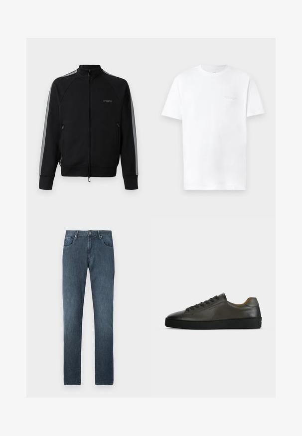 Schwarze Zip-Jacke mit hohem Kragen, grauen Seitenstreifen, zwei Reißverschlusstaschen, strukturiertem Stoff und minimalem Branding auf der Brust.; Weißes Baumwoll-T-Shirt mit kurzen Ärmeln, Rundhalsausschnitt, mit subtiler grauer Logodruck auf der linken Brustseite und glatter Textur.; Dunkelblaue Jeans aus Denim mit geradem Bein, fünf Taschen, vorderer Knopfverschlüsse und dezenten Nahtdetails.; Niedriger dunkelgrauer Ledersneaker mit schwarzen Schnürsenkeln und Sohle, minimalistisches Design, Seitenprofil vor einem schlichten hellen Hintergrund.