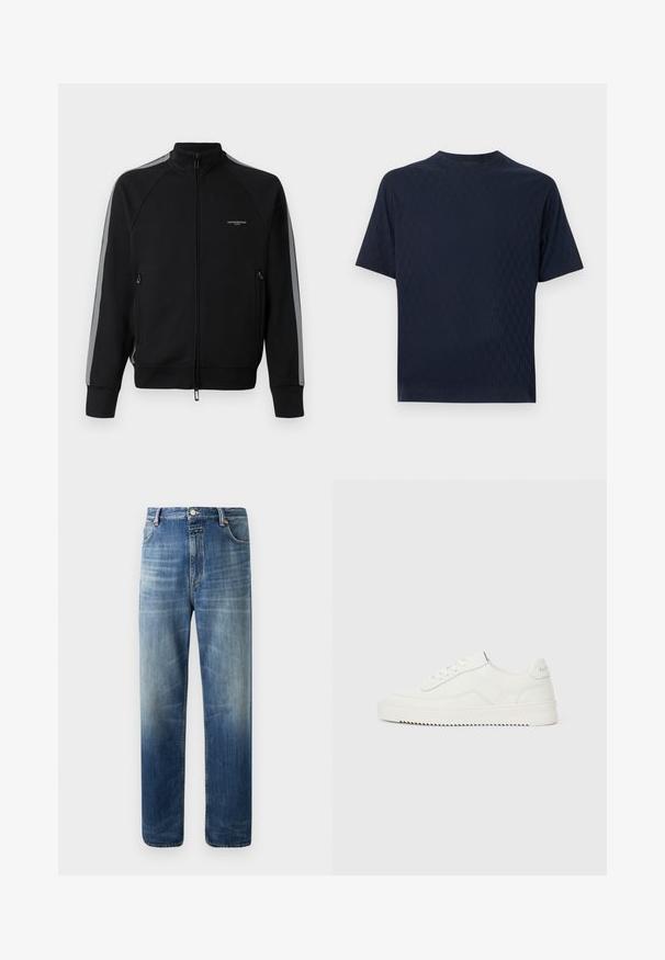 Sort hættejakke med lynlås og høj krave, grå side-striber, to lynlåslommer, tekstureret stof og minimal branding på brystet.; Marineblå t-shirt med korte ærmer og rund hals med subtilt tekstureret honningkage-mønster på ensfarvet lys baggrund.; Blå straight-leg denimjeans med subtile falmninger og whiskering-detaljer, med for- og baglommer, knaplukning og bæltestropper.; Hvid lavskoet lædersneaker med snørelukning, tekstureret hælkappe og let rillede hvide gummisål på en ensfarvet lys baggrund.