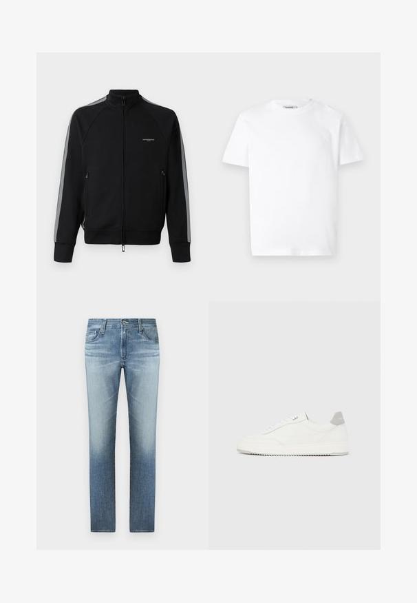 Schwarze Zip-Jacke mit hohem Kragen, grauen Seitenstreifen, zwei Reißverschlusstaschen, strukturiertem Stoff und minimalem Branding auf der Brust.; Weißes Baumwoll-T-Shirt mit Rundhalsausschnitt und kurzen Ärmeln. Besitzt ein kleines, geprägtes Logo auf der linken Brust. Glatte Textur.; Helleblaue Jeans aus Denim mit geradem Bein, ausgestattet mit einem ausgewaschenen Finish, fünf Taschen und einem Reißverschluss mit metallischem Knopfverschluss.; Weißer Sneaker mit niedrigem Schaft, grauem Fersenlaschen, weißen Schnürsenkeln und einer strukturierten Sohle, dargestellt vor einem schlichten hellen Hintergrund.