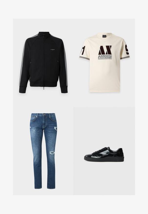 Zwarte zip-up jas met hoge kraag, grijze zijstrepen, twee met rits afgesloten zakken, textuurstof en minimale branding op de borst.; Crèmekleurige Armani Exchange korte mouw T-shirt met zwart logo aan de voorkant en nummer 91 op beide mouwen met dubbele streep detail.; Blauwe slim-fit jeans met distressed details en verfspatten, met voorzakken en knoopsluiting op een effen achtergrond.; Zwarte gepatenteerde leren sneakers met een ronde neus, vetersluiting, een gestructureerde rubberen zool en een glanzende afwerking.