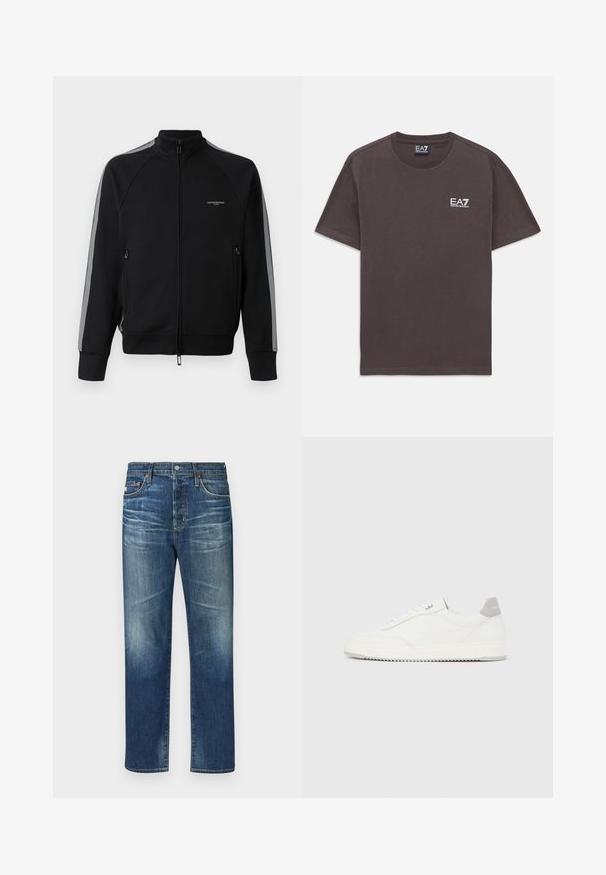 Zwarte zip-up jas met hoge kraag, grijze zijstrepen, twee met rits afgesloten zakken, textuurstof en minimale branding op de borst.; Donkergrijze T-shirt met korte mouwen en ronde hals, met klein wit EA7 Emporio Armani-logo op de linkerborst en een label in de hals.; Blauwe denim jeans met een rechte pijp, voorzien van vervaagde delen, een klassiek vijf-pocket ontwerp, koperen klinknagels en een knoopsluiting.; Witte lage sneaker met grijze hielpatch, witte veters en een gestructureerde zool, gepresenteerd op een effen lichte achtergrond.