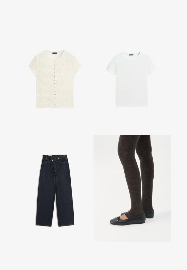Wit kort mouw textuur gebreid vest met een ronde hals en een verticale rij kleine knopen aan de voorkant.; Effen wit T-shirt met korte mouwen, een ronde hals en een klein zwart labeltje aan de binnenkant van de kraag.; Donkerblauwe denim jeans met brede pijpen, dubbele knoopsluiting, voorzakken en zichtbare stiksels, plat gelegd op een witte achtergrond.; Benen met donkere geribbelde leggings gecombineerd met zwarte ballerina's met kleine strikdetails op een witte achtergrond.