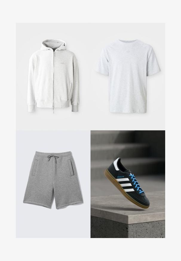 Haut de survêtement zippé gris clair avec capuche à cordon, poignets et ourlet côtelés, et un petit logo sur la poitrine. Fabriqué en tissu doux en mélange de coton.; T-shirt à col rond gris clair à manches courtes avec un logo tonal subtil centré sous le col, devant uni et coupe décontractée.; Shorts décontractés gris clair avec taille ajustable à cordon et deux poches latérales verticales sur fond uni.; Baskets Adidas noires avec des rayures blanches, des lacets bleus et une semelle en gomme flottant au-dessus d'une marche en béton grise sous une lumière douce.