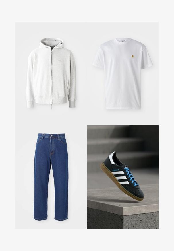 Lys grå zip-up hoodie med snor i hætten, ribbede manchetter og kant, samt et lille logo på brystet. Fremstillet af blødt bomuldsblandingstof.; Hvid bomulds t-shirt med korte ærmer, rund hals og et lille guld logo på venstre brystområde. Blød tekstur og almindelig pasform.; Høj taljede blå jeans i denim, med lige ben silhuet, synlige stikninger og en frontknaplukning.; Sort Adidas sneaker med hvide striber, blå snørebånd og gummisål, der svæver over gråt betontrin i blødt lys.