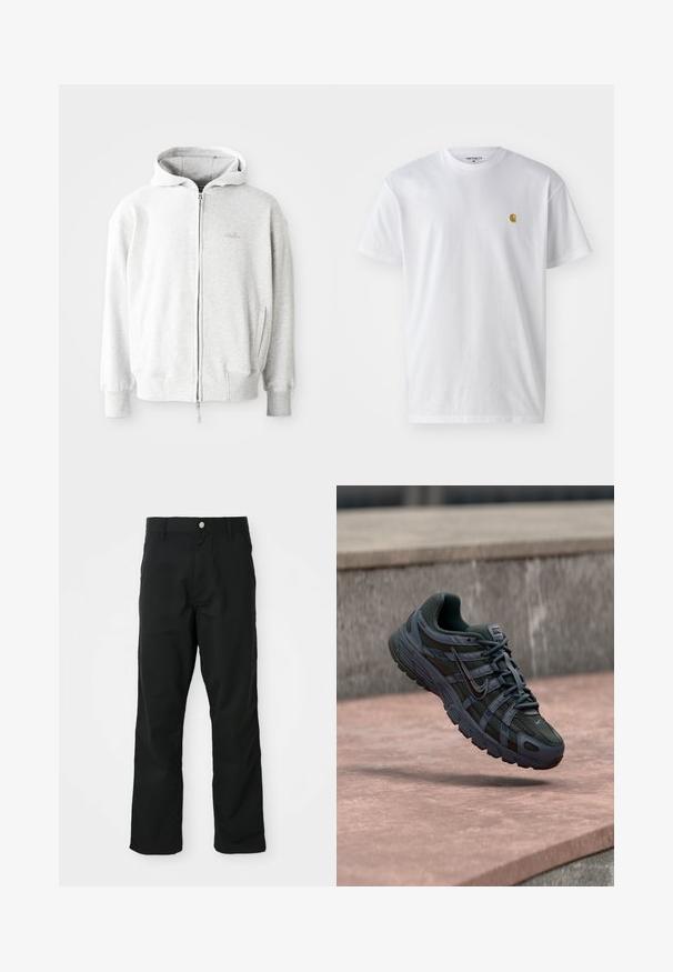 Hellgrauer Zip-Hoodie mit Kordelzugkapuze, gerippten Bündchen und Saum sowie einem kleinen Logo auf der Brust. Aus weichem Baumwollmix hergestellt.; Weißes Baumwoll-T-Shirt mit kurzen Ärmeln, Rundhalsausschnitt, mit einem kleinen goldenen Logo im linken Brustbereich. Weicher Stoff und normale Passform.; Schwarze gerade geschnittene Hosen mit Knopf- und Reißverschluss, Gürtelschlaufen und Seitentaschen, präsentiert vor einem weißen Hintergrund.; Dunkelgrauer Nike Laufschuh mit Mesh- und Synthetikdesign, schwebt über einer rosa Betonfläche vor grauem Stein-Hintergrund.