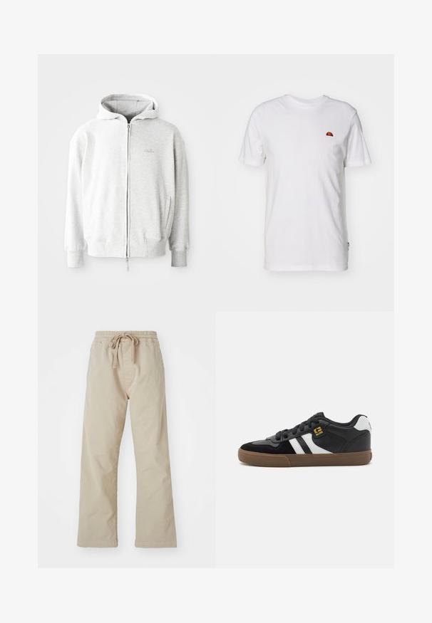 Lys grå zip-up hoodie med snor i hætten, ribbede manchetter og kant, samt et lille logo på brystet. Fremstillet af blødt bomuldsblandingstof.; Hvid bomulds t-shirt med korte ærmer og rund halsudskæring. Har et lille farverigt logo på venstre brystområde. Blød tekstur.; Beige bomuldsbukser med elastisk talje og snoretræk. Lige ben-design, glat stof og ingen synlige mønstre eller detaljer.; Sorte og hvide sneakers med overdel i ruskind og læder, der har hvide striber, sorte snørebånd og en brun gummisål. Guld logo detaljer.