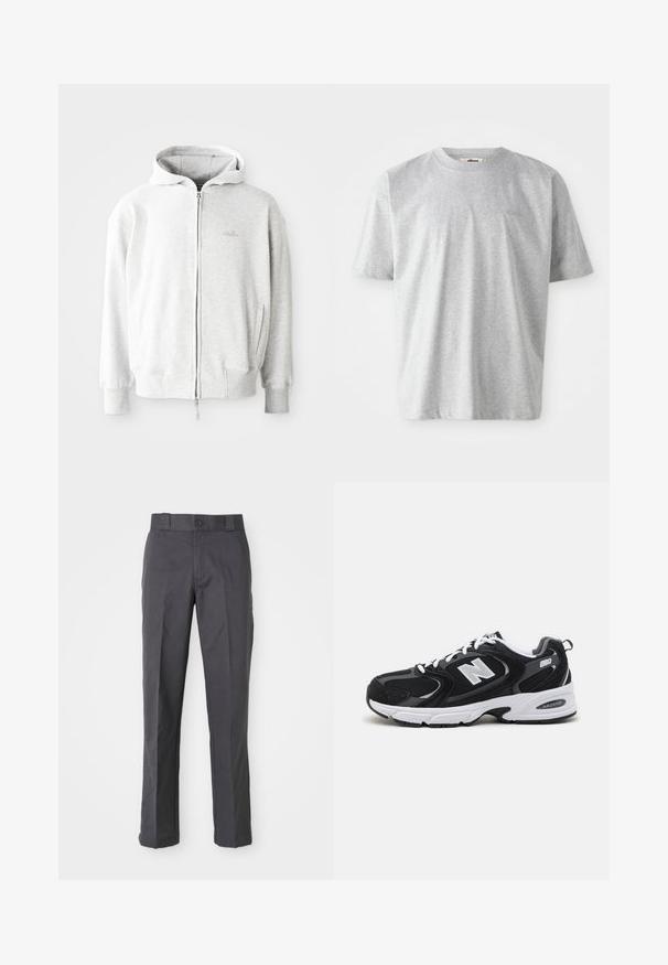 Haut de survêtement zippé gris clair avec capuche à cordon, poignets et ourlet côtelés, et un petit logo sur la poitrine. Fabriqué en tissu doux en mélange de coton.; T-shirt gris à manches courtes en tissu doux. Il présente un col rond et un logo subtil brodé sur le devant.; Pantalons gris foncé en mélange de coton, présentant un design à jambes droites, des poches avant et une fermeture à bouton à la taille.; Baskets de sport noires et grises avec un tige en mesh et en suède, présentant une semelle intermédiaire blanche, des lacets et un logo "N" audacieux sur le côté.