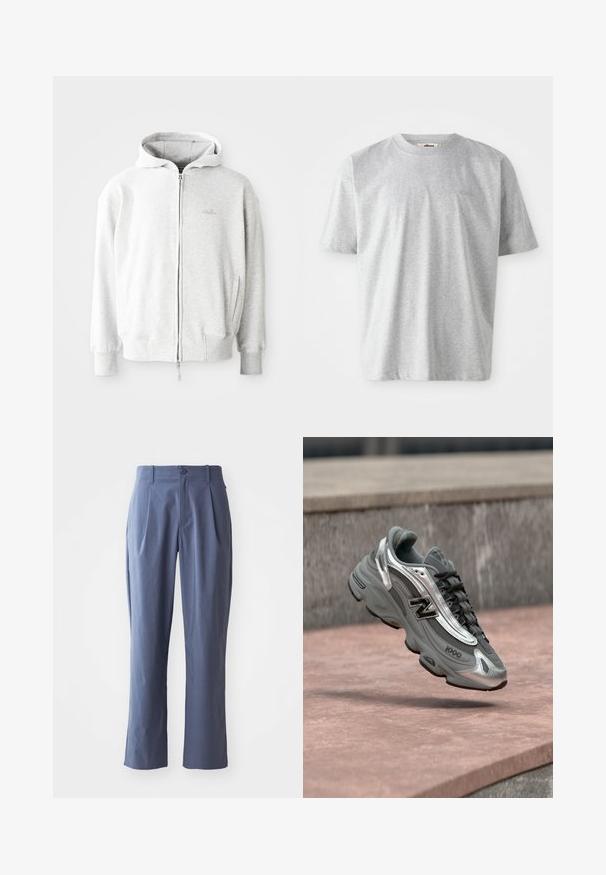 Lys grå zip-up hoodie med snor i hætten, ribbede manchetter og kant, samt et lille logo på brystet. Fremstillet af blødt bomuldsblandingstof.; Grå t-shirt med korte ærmer lavet af blødt stof. Har en rund halsudskæring og et diskret logo broderet på fronten.; Mørkeblå bukser med læg, lige snit, lavet af letvægtsstof, med en enkelt frontknaplukning og bæltestropper.; Grå og sølvfarvet New Balance-sneaker mærket "1000", der svæver over en rosafarvet stenet overflade med en grå stenvæg i baggrunden.