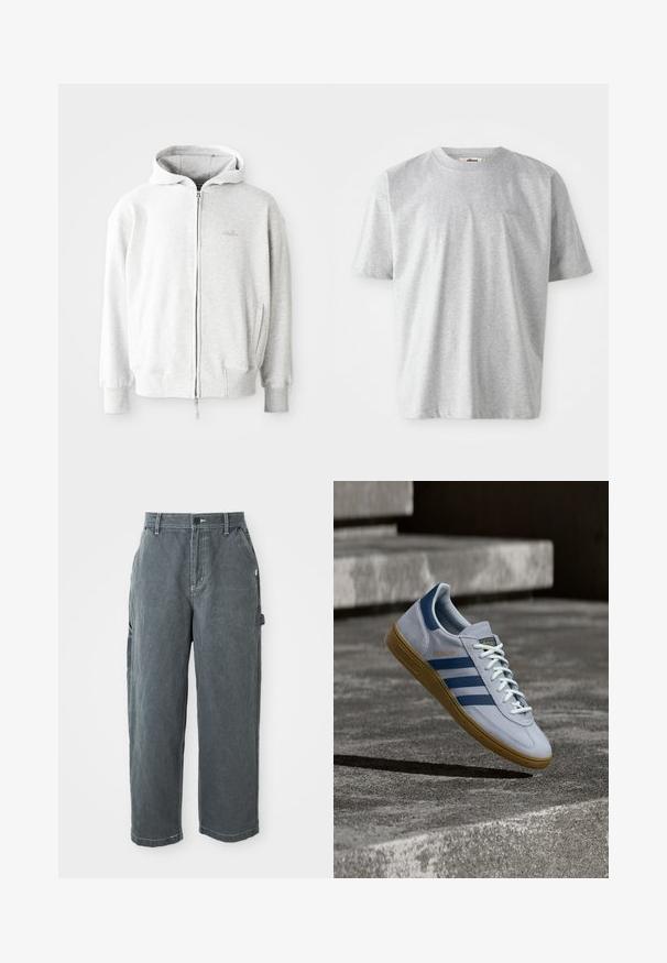 Hellgrauer Zip-Hoodie mit Kordelzugkapuze, gerippten Bündchen und Saum sowie einem kleinen Logo auf der Brust. Aus weichem Baumwollmix hergestellt.; Graues T-Shirt mit kurzen Ärmeln aus weichem Stoff. Verfügt über einen runden Ausschnitt und ein dezentes, auf der Vorderseite gesticktes Logo.; Dunkelgraue gerade Arbeitshosen mit Gürtelschlaufen, vorderem Knopf und Reißverschluss, Seitentaschen und einer Hammer-Schlaufe am rechten Bein.; Hellblauer Adidas Spezial Sneaker mit dunkelblauen Streifen und Gummisohle, in der Luft über Betontreppen in neutralem Außenbereich gezeigt.