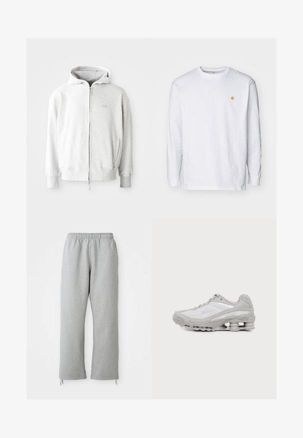 Lys grå zip-up hoodie med snor i hætten, ribbede manchetter og kant, samt et lille logo på brystet. Fremstillet af blødt bomuldsblandingstof.; Hvid langærmet t-shirt lavet af bomuld. Har et lille gyldent logo på brystet og en rund halsudskæring. Enkel design og standard pasform.; Grå sweatpants med elastisk talje, lige ben og snoretræk ved kanten. Fremstillet af blødt, struktureret stof.; Grå og hvid atletiksko med synlig luftpolstret sål og mesh-paneler, vist i profil på en ensartet lys baggrund.